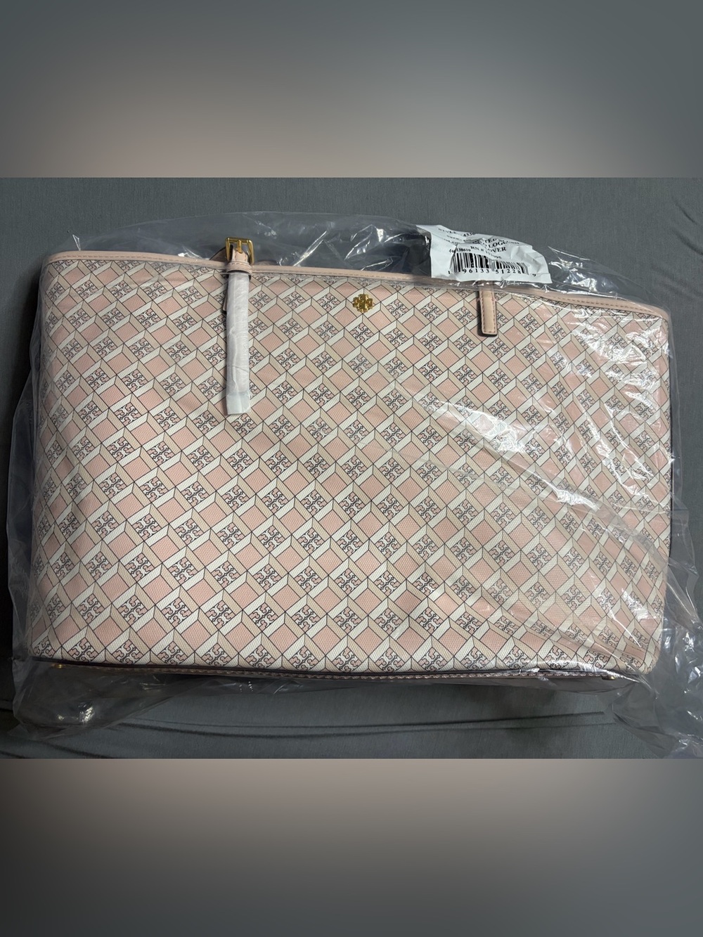 NWT Tory Burch Geo Logo Allover Top Zip Tote in Dusted Blush with Gold Hardware